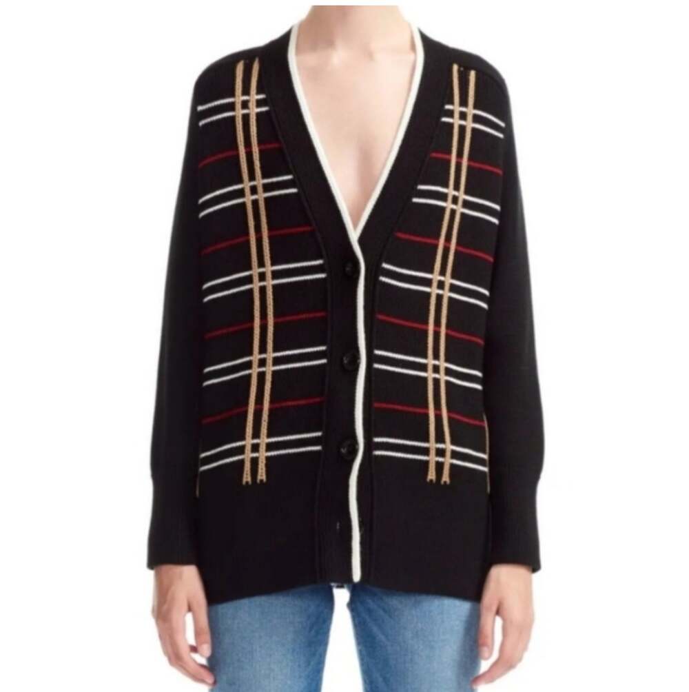 MAJE MADA PLAID CARDIGAN IN BLACK, RED AND TAN, WOOL BLEND SIZE 1 VINTAGE